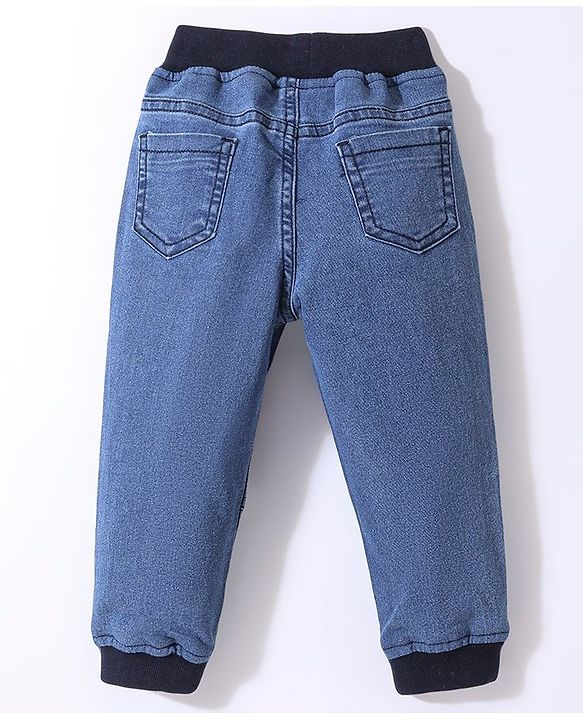 Babyhug Cotton Spandex Full Length Stretchable Washed Denim Joggers with Draw Cord - Blue