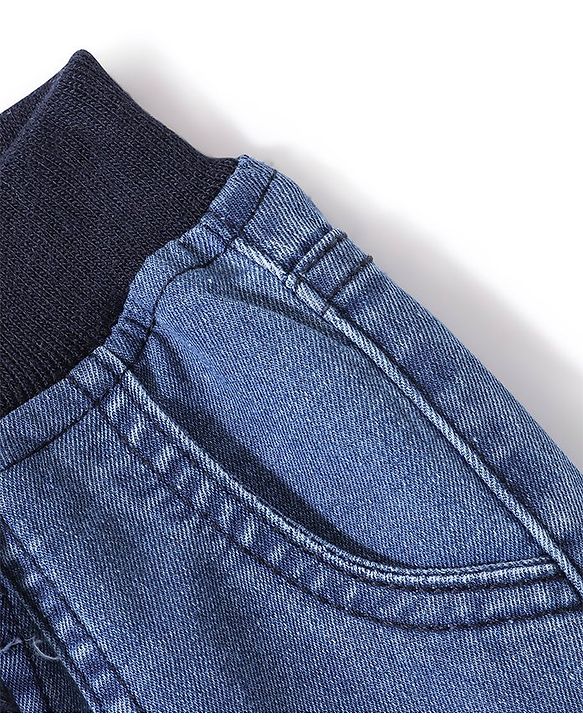 Babyhug Cotton Spandex Full Length Stretchable Washed Denim Joggers with Draw Cord - Blue