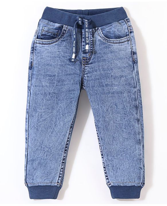 Babyhug Cotton Spandex Full Length Solid Color Stretchable Washed Denim Joggers - Blue