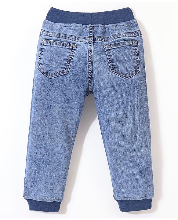 Babyhug Cotton Spandex Full Length Solid Color Stretchable Washed Denim Joggers - Blue
