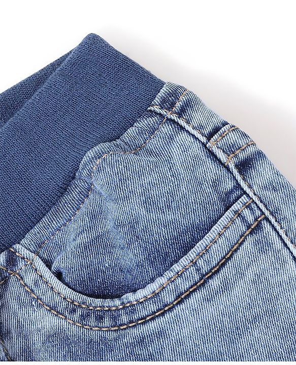 Babyhug Cotton Spandex Full Length Solid Color Stretchable Washed Denim Joggers - Blue
