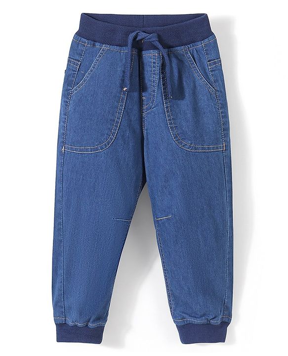 Babyhug Cotton Denim Full Length Stretchable Joggers Solid- Blue