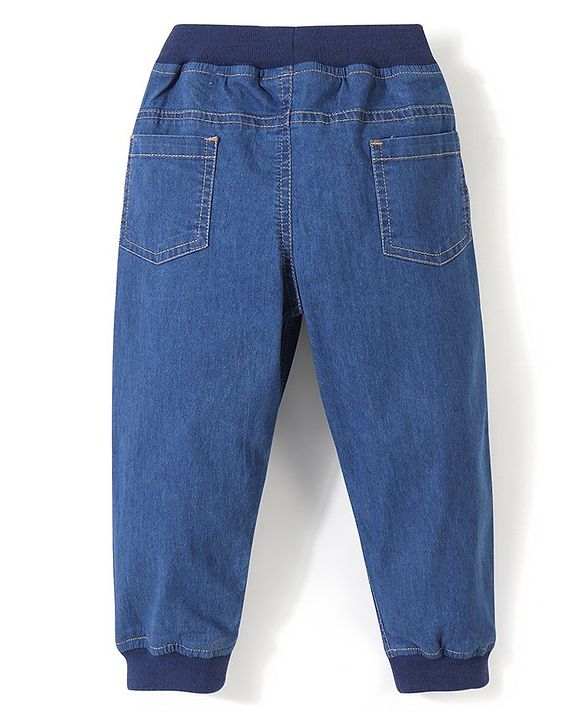 Babyhug Cotton Denim Full Length Stretchable Joggers Solid- Blue