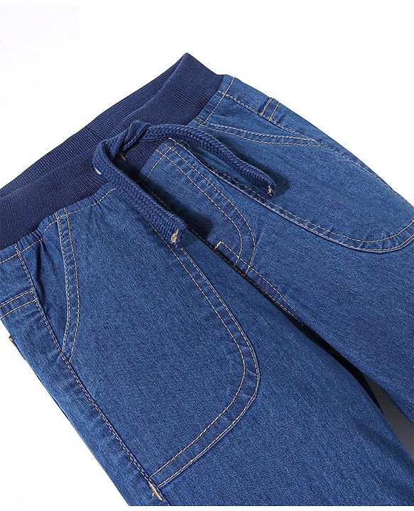 Babyhug Cotton Denim Full Length Stretchable Joggers Solid- Blue