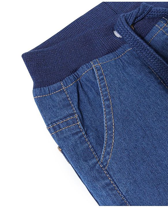 Babyhug Cotton Denim Full Length Stretchable Joggers Solid- Blue