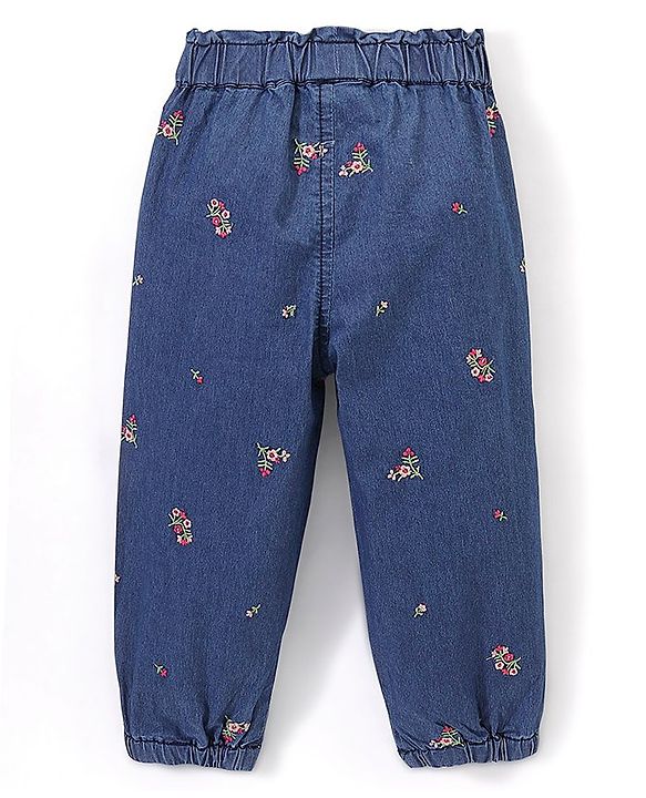 Babyhug 100% Cotton Full Length Denim Joggers with Floral Embroidery & Bow Applique - Blue