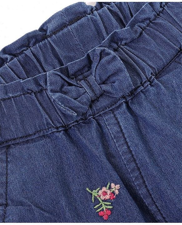 Babyhug 100% Cotton Full Length Denim Joggers with Floral Embroidery & Bow Applique - Blue