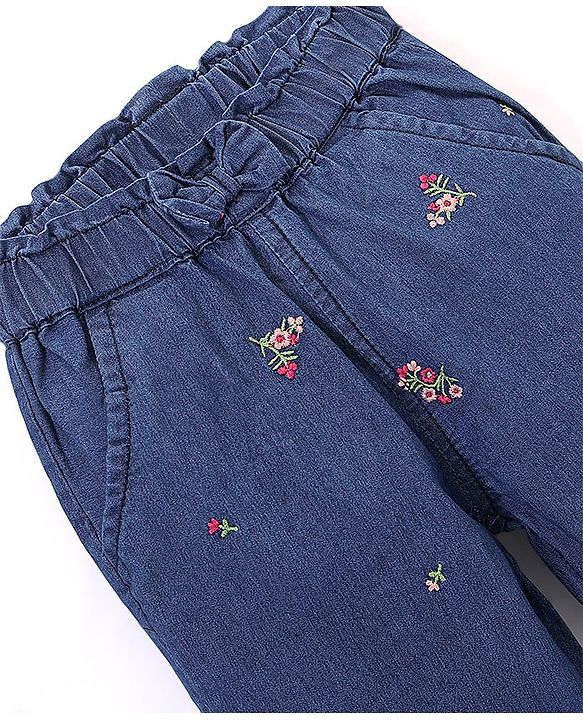 Babyhug 100% Cotton Full Length Denim Joggers with Floral Embroidery & Bow Applique - Blue