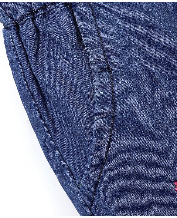 Babyhug 100% Cotton Full Length Denim Joggers with Floral Embroidery & Bow Applique - Blue