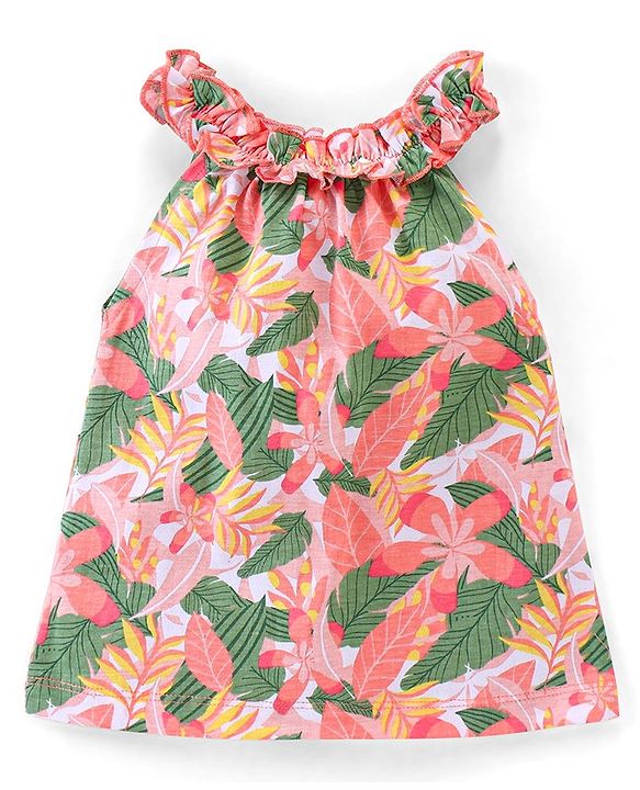 Babyhug 100% Cotton Knit Sleeveless Top and Shorts Floral Print - Green & Coral