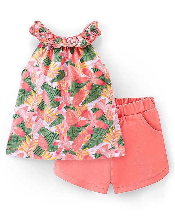 Babyhug 100% Cotton Knit Sleeveless Top and Shorts Floral Print - Green & Coral