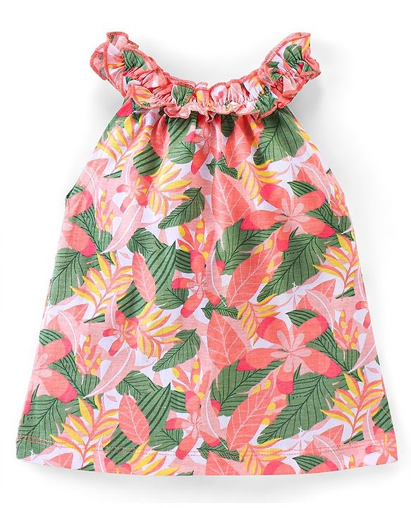 Babyhug 100% Cotton Knit Sleeveless Top and Shorts Floral Print - Green & Coral