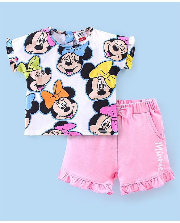 Babyhug 100% Cotton Half Sleeves Top & Shorts Set Minnie Mouse Print- Pink