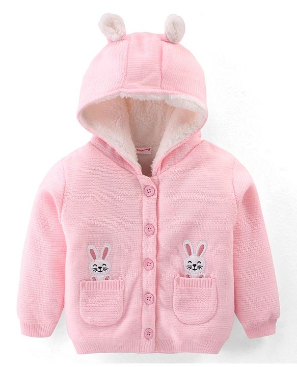 Babyhug Full Sleeves Hooded Front Open Sweater with Fur Lining and Bunny Patch & Applique - Light Pink