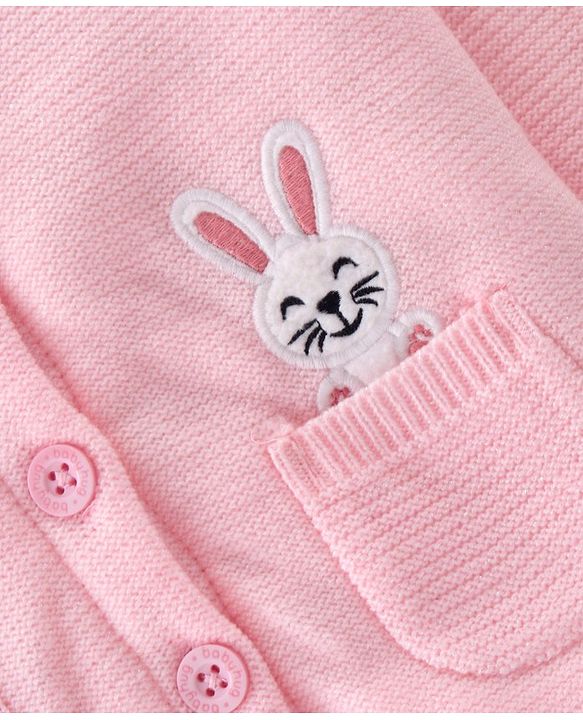 Babyhug Full Sleeves Hooded Front Open Sweater with Fur Lining and Bunny Patch & Applique - Light Pink
