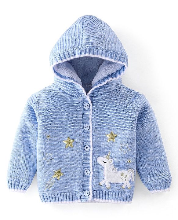Babyhug Full Sleeves Hooded Sweater Unicorn Design - Blue
