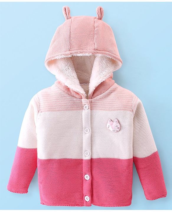 Babyhug Knitted Full Sleeves Front Open Hooded Sweater with Striped Design - Pink & White