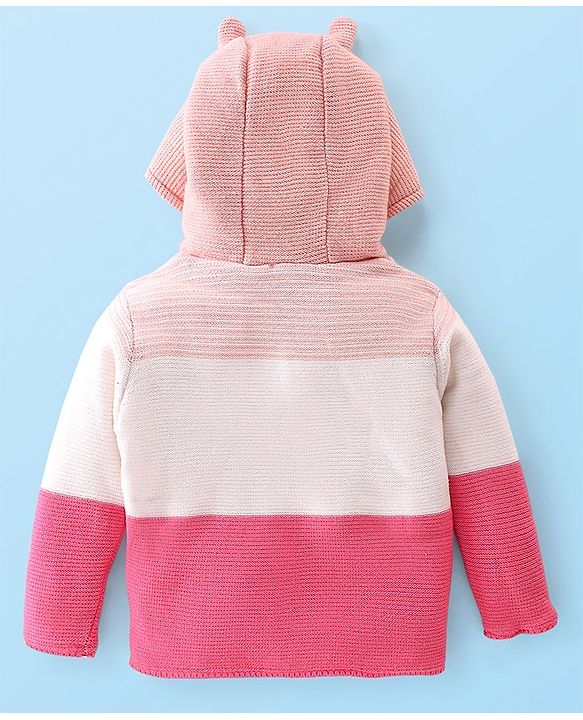 Babyhug Knitted Full Sleeves Front Open Hooded Sweater with Striped Design - Pink & White