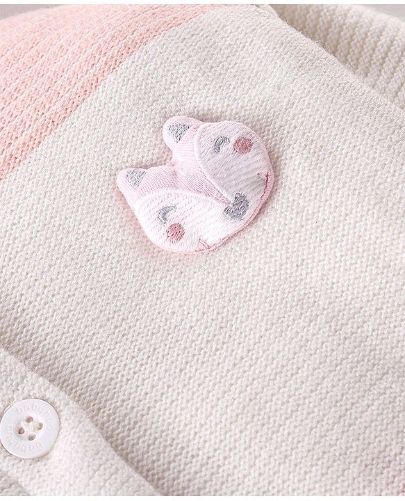 Babyhug Knitted Full Sleeves Front Open Hooded Sweater with Striped Design - Pink & White