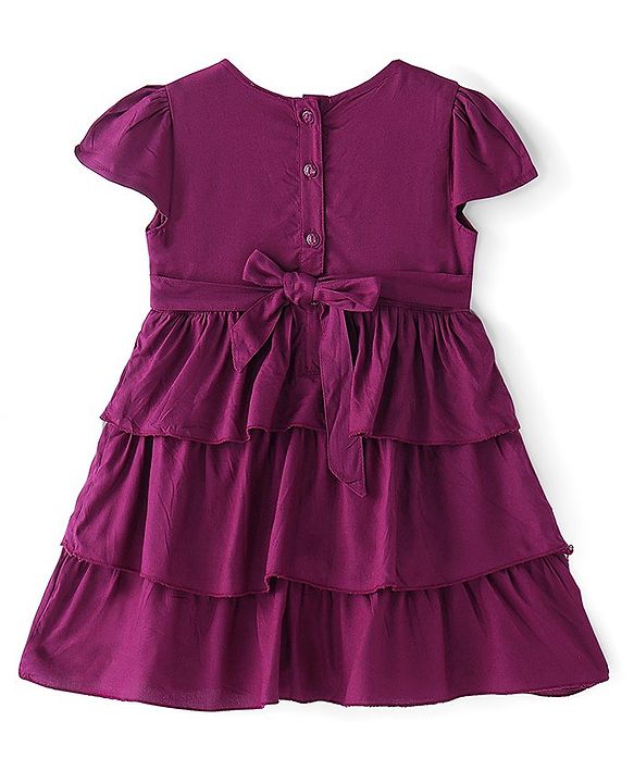 Babyhug Rayon Half Sleeves Woven Layered Frock With Floral Embroidery  - Purple