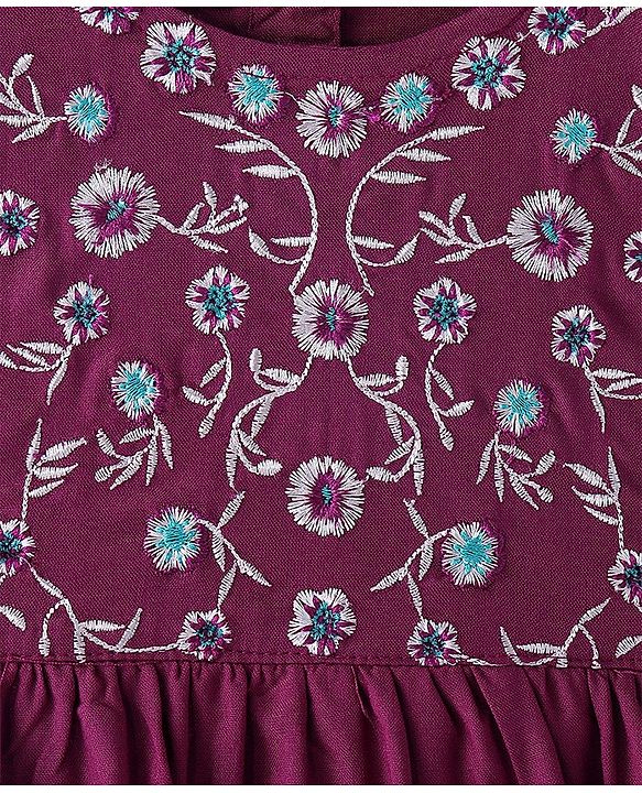 Babyhug Rayon Half Sleeves Woven Layered Frock With Floral Embroidery  - Purple