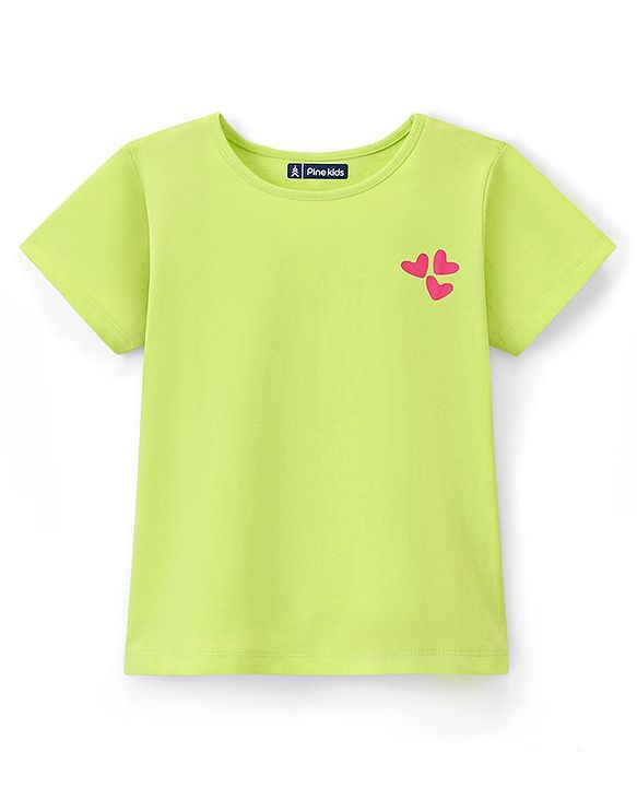 Pine Kids 100%  Cotton Knit Biowashed Half Sleeves T-Shirt With Heart Print - Green