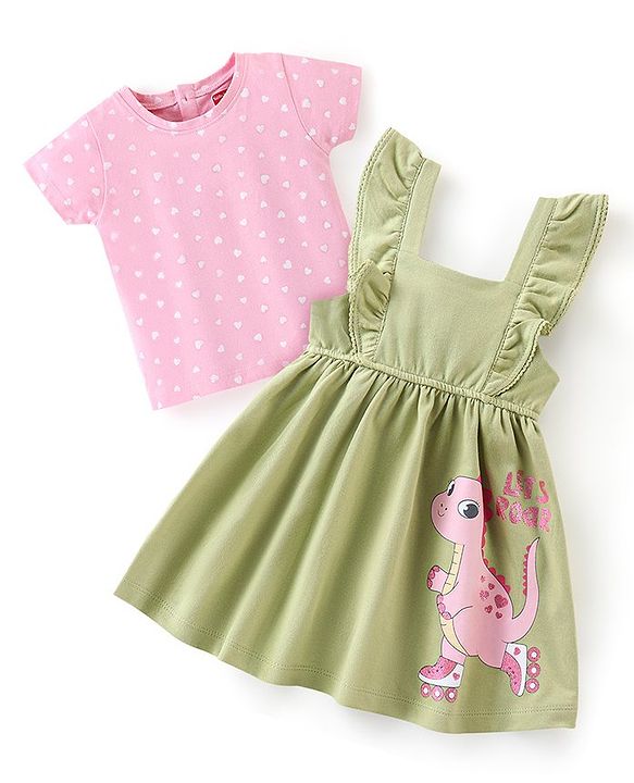 Babyhug 100% Cotton Knit Dino Print Frock with Half Sleeves T-Shirt Heart Print - Pink & Green
