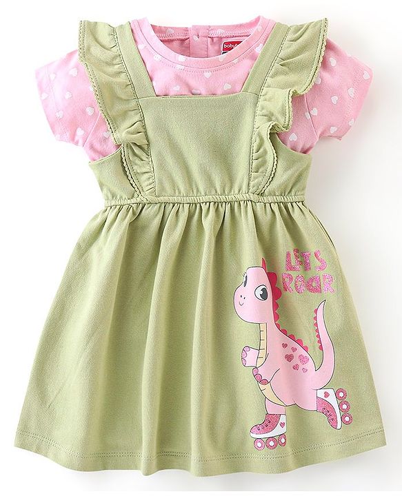 Babyhug 100% Cotton Knit Dino Print Frock with Half Sleeves T-Shirt Heart Print - Pink & Green