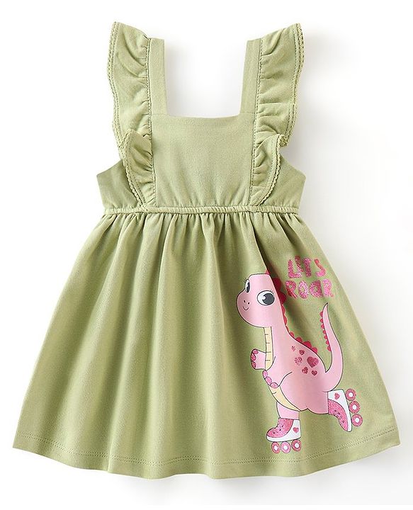 Babyhug 100% Cotton Knit Dino Print Frock with Half Sleeves T-Shirt Heart Print - Pink & Green