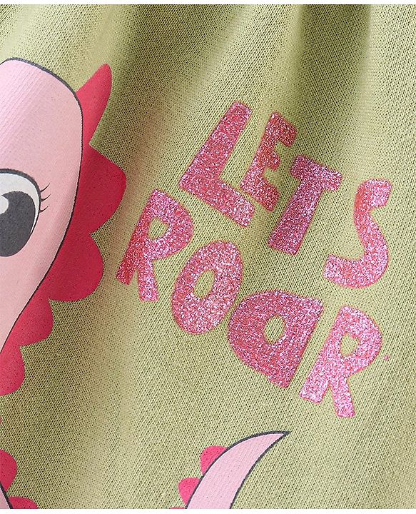 Babyhug 100% Cotton Knit Dino Print Frock with Half Sleeves T-Shirt Heart Print - Pink & Green