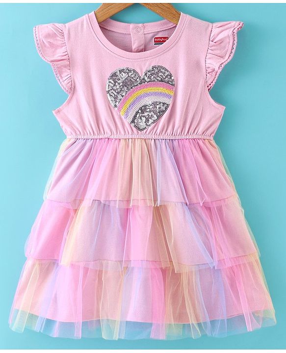 Babyhug 100% Cotton Knit Frill Sleeves Frock with Mesh & Sequins Detailing - Pink