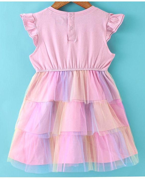 Babyhug 100% Cotton Knit Frill Sleeves Frock with Mesh & Sequins Detailing - Pink
