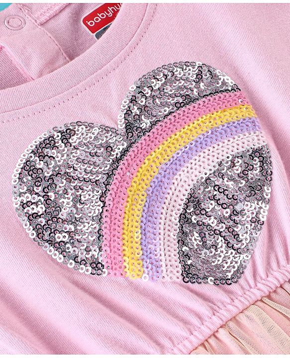 Babyhug 100% Cotton Knit Frill Sleeves Frock with Mesh & Sequins Detailing - Pink