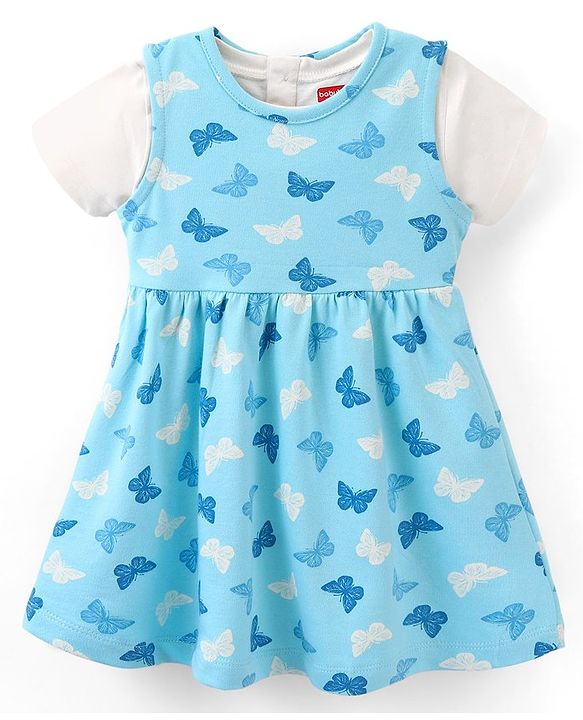Babyhug 100% Cotton Knit Butterfly Printed Frock with Half Sleeves Inner Tee - Blue