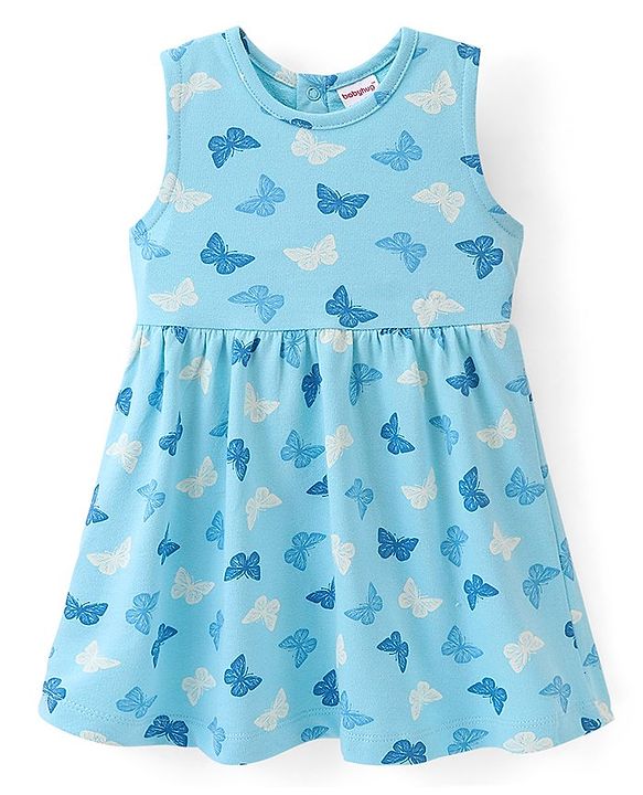 Babyhug 100% Cotton Knit Butterfly Printed Frock with Half Sleeves Inner Tee - Blue