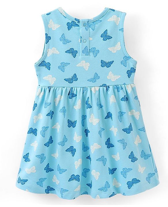 Babyhug 100% Cotton Knit Butterfly Printed Frock with Half Sleeves Inner Tee - Blue