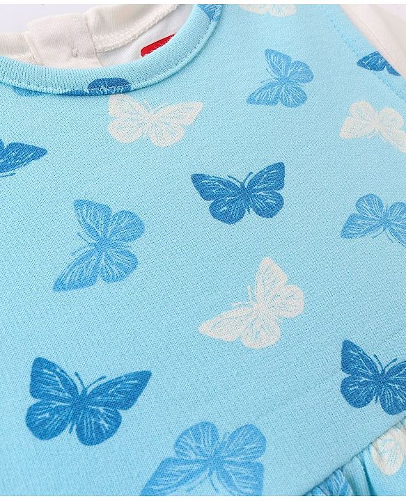 Babyhug 100% Cotton Knit Butterfly Printed Frock with Half Sleeves Inner Tee - Blue
