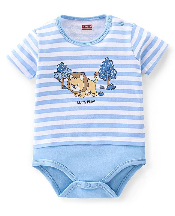 Babyhug Half Sleeves 100% Cotton Onesie Lion Print - Blue