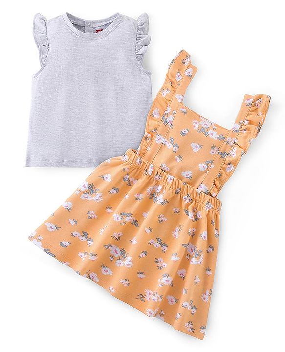 Babyhug 100% Cotton Knit Floral Printed Frock With Half Sleeves Inner Tee - Orange & White