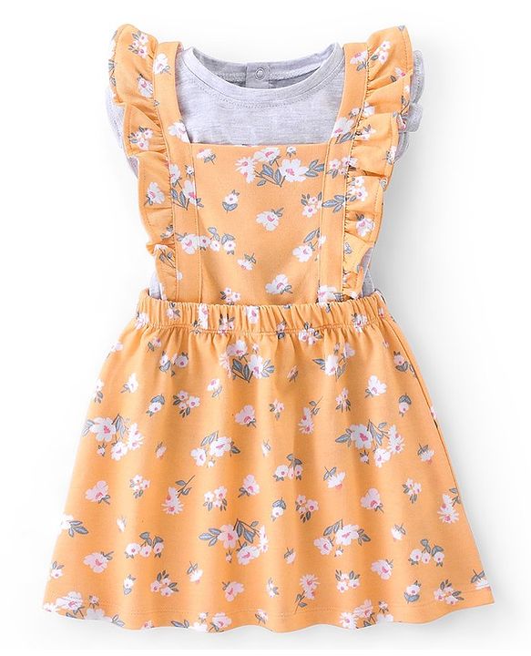 Babyhug 100% Cotton Knit Floral Printed Frock With Half Sleeves Inner Tee - Orange & White