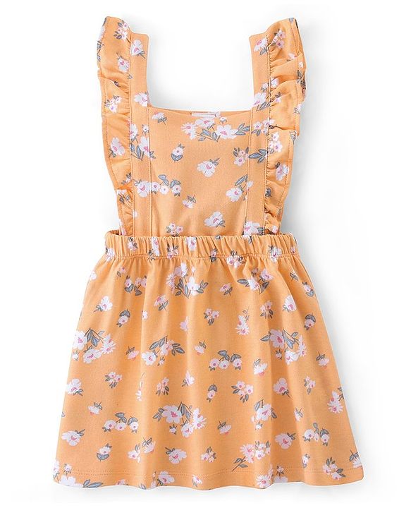 Babyhug 100% Cotton Knit Floral Printed Frock With Half Sleeves Inner Tee - Orange & White
