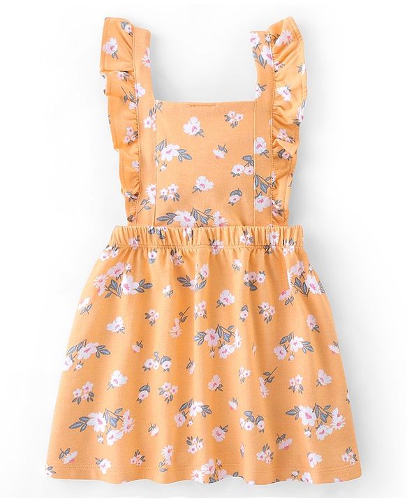Babyhug 100% Cotton Knit Floral Printed Frock With Half Sleeves Inner Tee - Orange & White