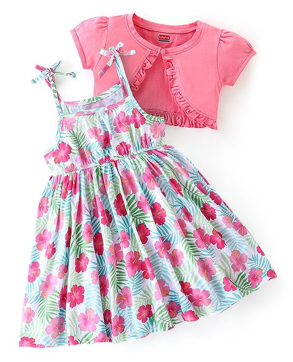 Babyhug 100% Cotton Knit Singlet Frock with Half Sleeves Shrug Floral Print - Pink & Mint Blue