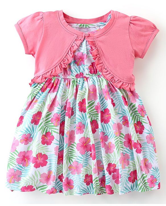 Babyhug 100% Cotton Knit Singlet Frock with Half Sleeves Shrug Floral Print - Pink & Mint Blue