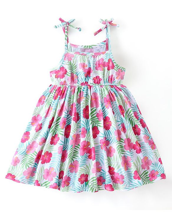 Babyhug 100% Cotton Knit Singlet Frock with Half Sleeves Shrug Floral Print - Pink & Mint Blue