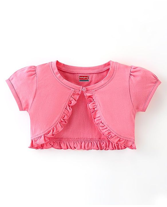 Babyhug 100% Cotton Knit Singlet Frock with Half Sleeves Shrug Floral Print - Pink & Mint Blue