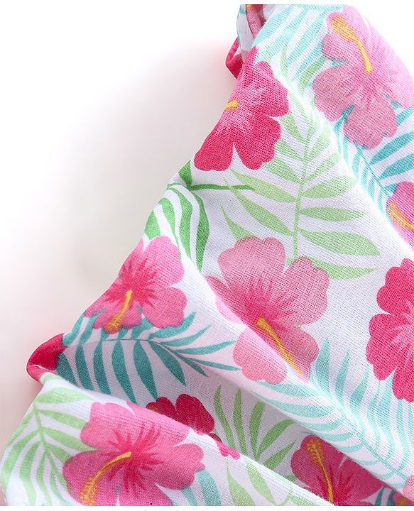 Babyhug 100% Cotton Knit Singlet Frock with Half Sleeves Shrug Floral Print - Pink & Mint Blue