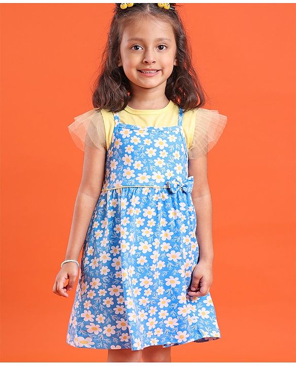 Babyhug 100% Cotton Knit Frock With Half Sleeves Inner Tee Floral Print- Yellow & Blue