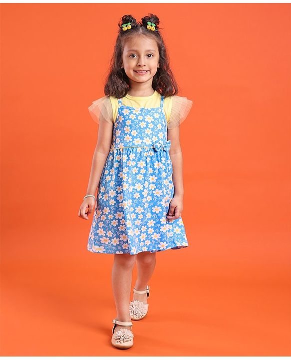 Babyhug 100% Cotton Knit Frock With Half Sleeves Inner Tee Floral Print- Yellow & Blue