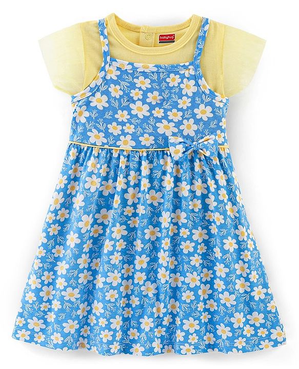 Babyhug 100% Cotton Knit Frock With Half Sleeves Inner Tee Floral Print- Yellow & Blue